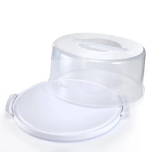 Clear cake carrier with snap-on lid and white base ring
