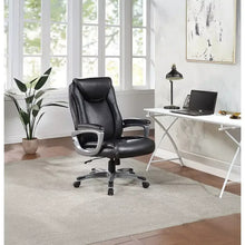 Black executive office chair with padded arms, headrest, and five-wheel swivel base