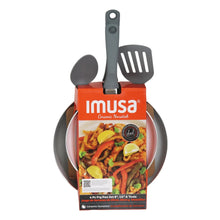 IMUSA cookware set package with gray-handled utensils and two fry pans
