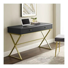 Black desk with two drawers and gold metal X-frame legs