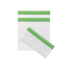Resealable white sandwich bags with green seal strip
