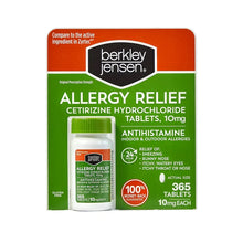 Allergy relief cetirizine 10 mg tablet bottle and box, green cap