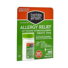 Allergy relief cetirizine 10 mg tablets package with bottle, green cap