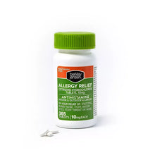 Cetirizine 10 mg allergy relief bottle with green cap and tablets spilling