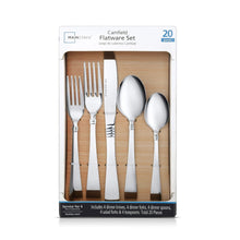 20-piece stainless flatware set box with utensils and service-for-four layout.