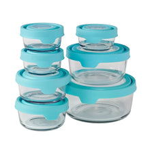 Glass food storage containers with teal snap lids, stacked set of multiple pieces