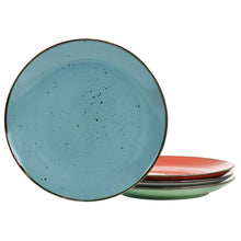 Blue stoneware dinner plate with speckled glaze and gold rim, with stacked plates