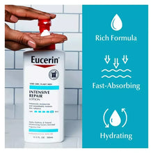 Eucerin Intensive Repair body lotion bottle with red pump and fast-absorbing icons
