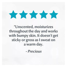 Unscented body lotion review card with five blue stars