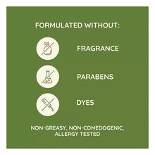 Daily moisturizing body lotion box panel: formulated without fragrance, parabens, dyes