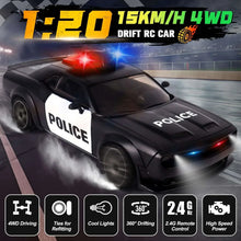 Black police drift RC car with red and blue LED lights, 4WD wheels, and rear lights on