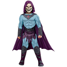 Kids Skeletor-style costume with purple hood, skull mask, light blue tunic, cape, boots