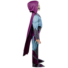 Kids Skeletor-style costume side view: purple hooded cape over light blue tunic and leggings