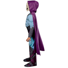 Kids Skeletor-style costume back/side view with purple hood cape and light blue body