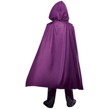 Kids Skeletor-style costume hooded purple cape flowing over dark printed leggings