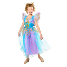 Kids light-blue fairy costume with tutu dress, purple sheen, and decorative wings