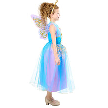 Kids fairy costume side view with blue corset-style bodice, tulle skirt, and wings