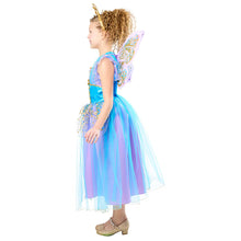 Kids fairy costume back/side view with iridescent blue tulle skirt and butterfly wings