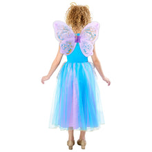 Kids fairy costume back view with blue tulle dress and lavender butterfly wings