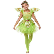 Kids green fairy costume with glitter bodice, tulle skirt, and swirl wings