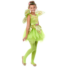 Kids green fairy costume with tulle skirt, green tights, and swirl wings