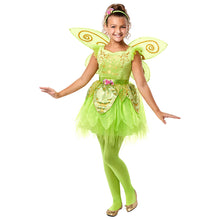 Kids green fairy costume with layered tulle skirt, swirl wings, and green tights