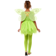 Kids green fairy costume back view with swirl wings and layered tulle skirt
