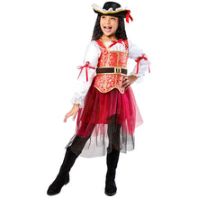 Kids princess costume with tricorn hat, red-gold bodice, tulle skirt, black boots