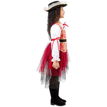 Kids princess costume side view: tricorn hat, white puff sleeves, red tulle skirt, boots