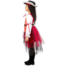Kids princess costume profile view: tricorn hat, red bodice, layered tulle skirt, boots