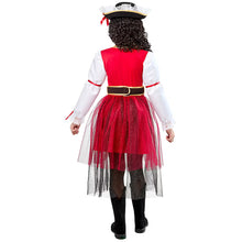 Kids princess costume back view: tricorn hat, red skirt tulle, gold belt, black boots