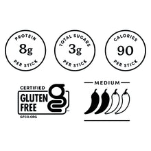 Gluten free and nutrition icons for hot honey beef sticks: 8g protein, 3g sugar, 90 cal