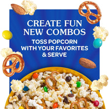 Microwave popcorn package with blue serving graphic and bowl filled with popcorn
