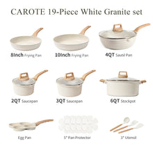 White nonstick cookware set lineup with frying pans, saucepans, stockpot, and accessories