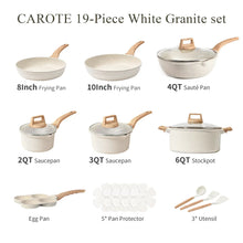 White granite nonstick cookware set with frying pans, saucepans, stockpot, and utensils