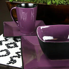 Purple mugs with dark interior, with matching square plate and bowl