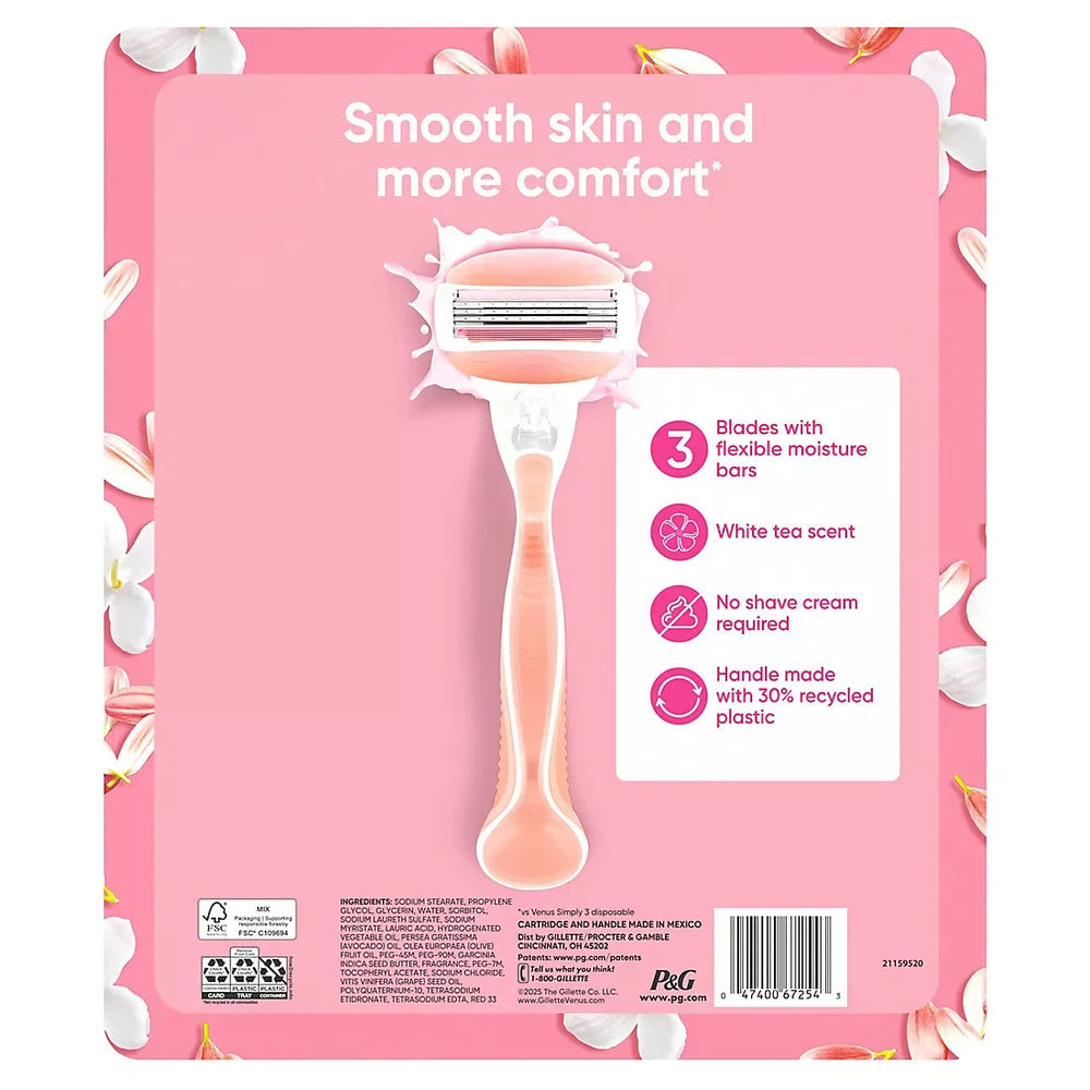 Gillette Venus ComfortGlide White Tea Scented Women's Razor, 3-Blades, 1 Handle + 12 Razor Blade Refills - USA MEGA SHOP
