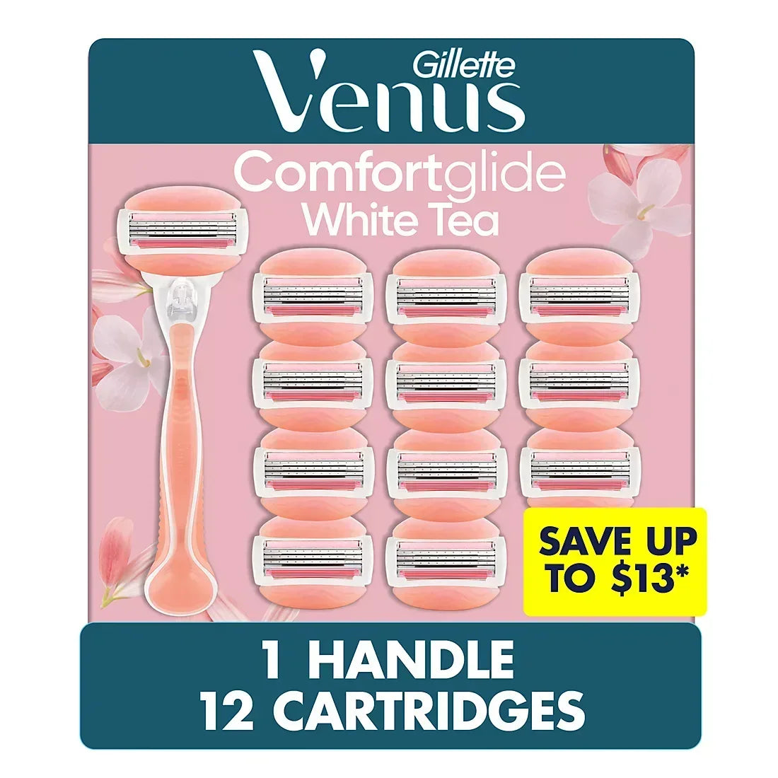 Gillette Venus ComfortGlide White Tea Scented Women's Razor, 3-Blades, 1 Handle + 12 Razor Blade Refills