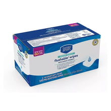 Flushable wipes box with fresh scent and aloe/vitamin E, white and blue, 9 pk.