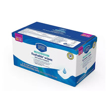 Flushable wipes box, fresh scent with aloe and vitamin E, blue trim on white, 9 pk.