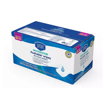 Flushable wipes carton with aloe & vitamins, Fresh Scent, blue-and-white packaging.