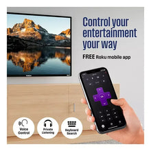 Roku TV with handheld remote controlling on-screen mountain landscape