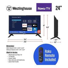 Roku TV with included remote, shown with height and width dimensions