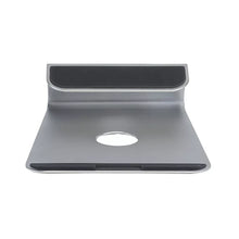 Portable laptop riser with rounded top edge and circular cutout, gray