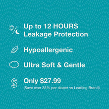 Diaper benefits card: up to 12 hours leakage protection, hypoallergenic, ultra soft