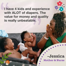 Diaper review graphic featuring a mother and nurse with children, testimonial text