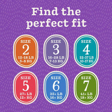 Diaper size chart with sizes 2 to 7 and weight ranges, for 12 to 18+ kg