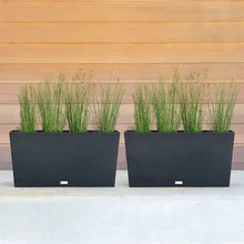 Veradek dark rectangular trough planters, pair view with green grass