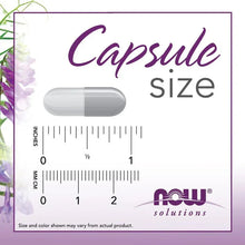 Capsule size chart for NOW Solutions supplement, capsule illustration with measurement ruler