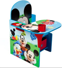 Kids desk chair with storage bin, blue tabletop with Mickey graphics and pencil cup